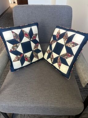 Bundle of Two Vintage Handmade Quilted Patchwork Star Decorative Square Pillows